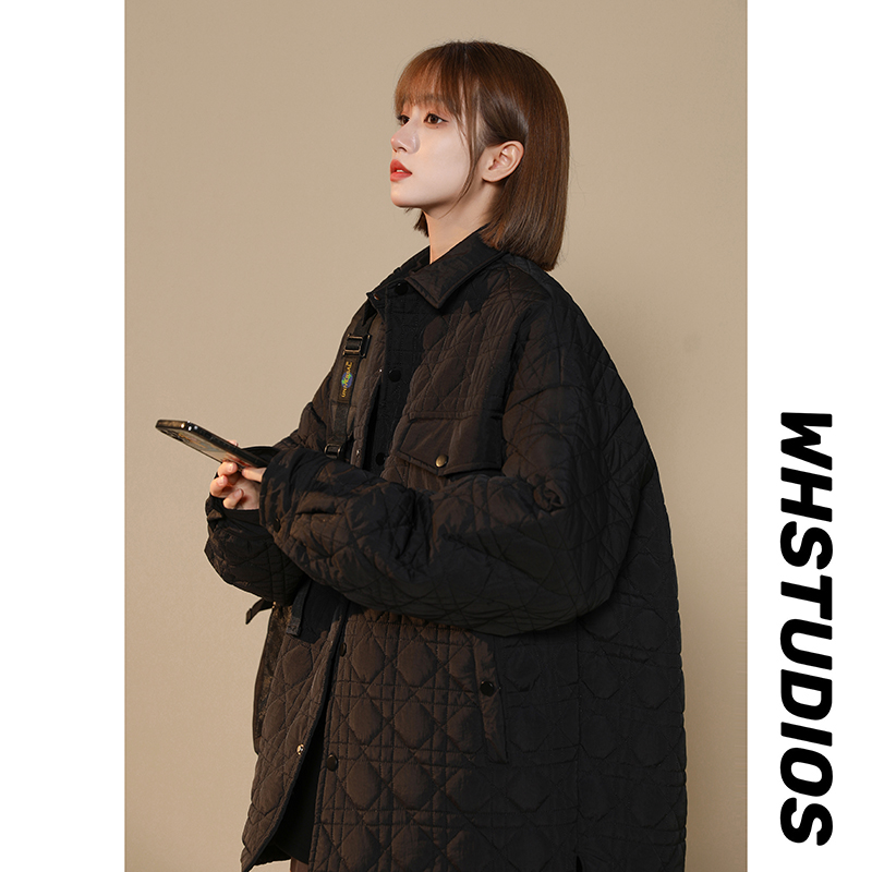 2024秋冬不规则菱形格夹棉保暖宽松情侣棉衣外套1003W203P95，男装棉衣，星座1003