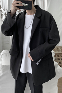 春夏袖口翻边黑色便服单西宽松休闲西装男韩上衣外套 1003W1910 P图片