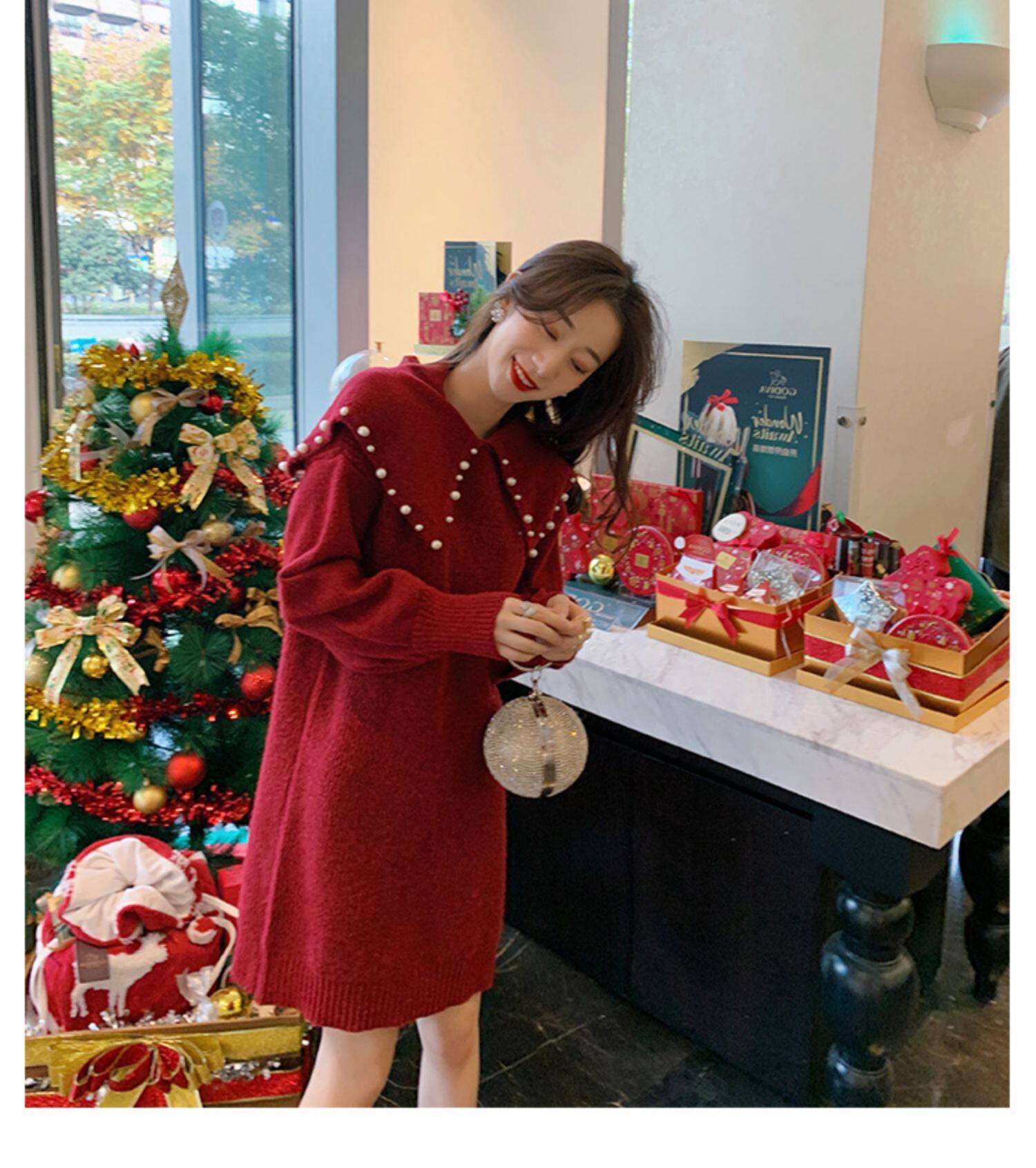 임부복 가을 양복 패셔니스타 인터넷 연예인 봄 가을 스웨터 원피스 패셔너블한 레드 외출 스커트 투피스 세트