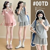 短袖 托腹短裤 套装 洋气时髦polo领上衣 两件套 新款 高级感孕妇夏季