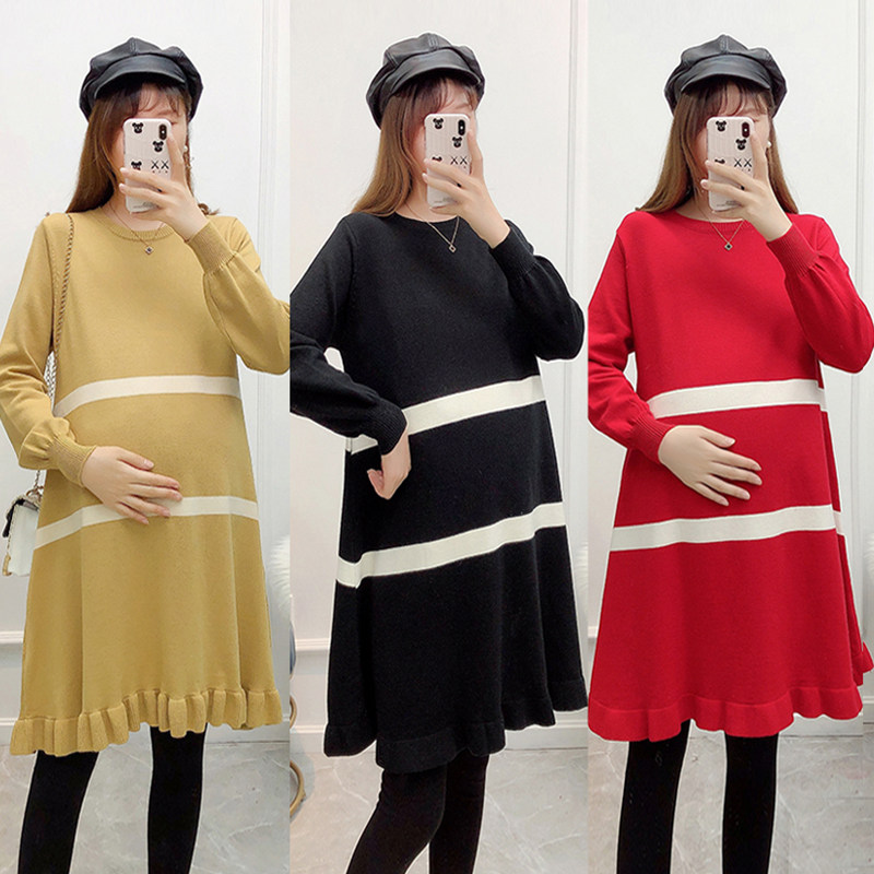 출산 겨울 정장 패셔너블한 출산복 가을 겨울 스트라이프 패션 스웨터 중간 길이의 대형 상의