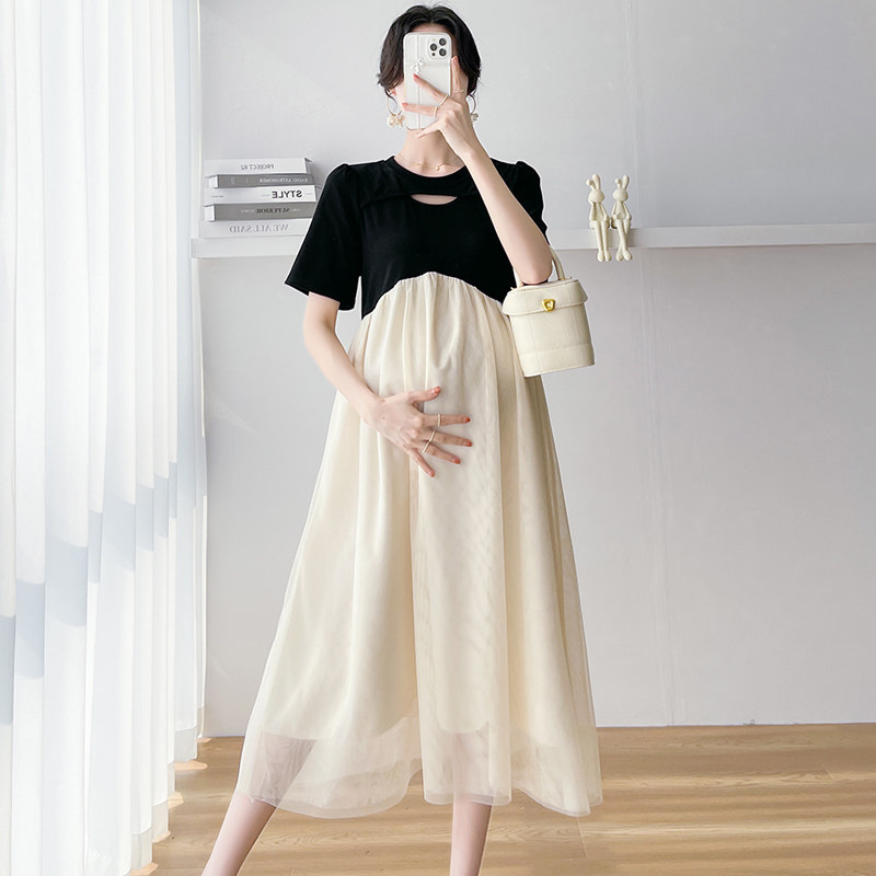 PREGNANT WOMEN SUMMER DRESS 2024 NEW PLUS SIZE SLIM SUMMER LONG SKIRT PREGNANT MOTHER SPLICING LOOSE SKIRT SUMMER