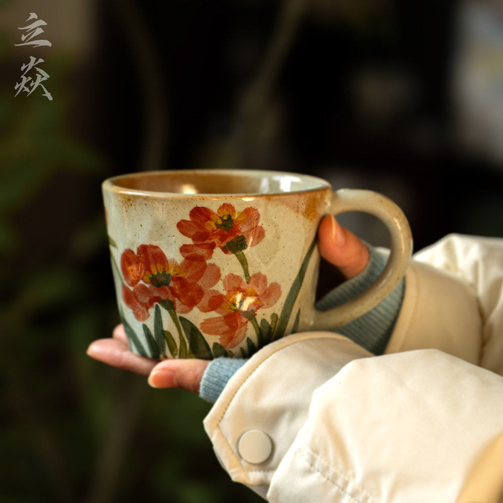 创意复古手绘花卉陶瓷马克杯小众个性中式时尚百搭咖啡杯釉下彩