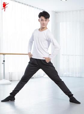 红舞鞋T恤秋冬男长袖汉服上衣拉丁舞蹈练功服现代舞蹈服薄棉3828
