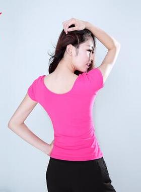 红舞鞋舞蹈薄棉圆领短袖T恤女黑色时尚紧身舒瑜伽跳舞半袖38501