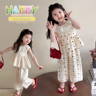 蕾丝边裤 新款 套装 厂家女童夏季 子甜美上衣公主风背心裙娃娃领 无袖