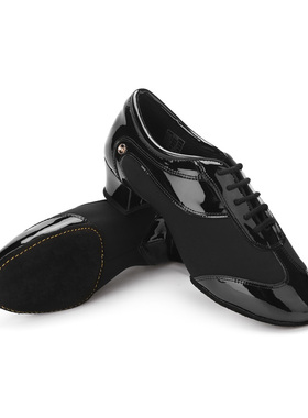 ADSMISSFUN男拉丁鞋A3028-12黑色中跟软底亮皮漆皮拼接款练习专业