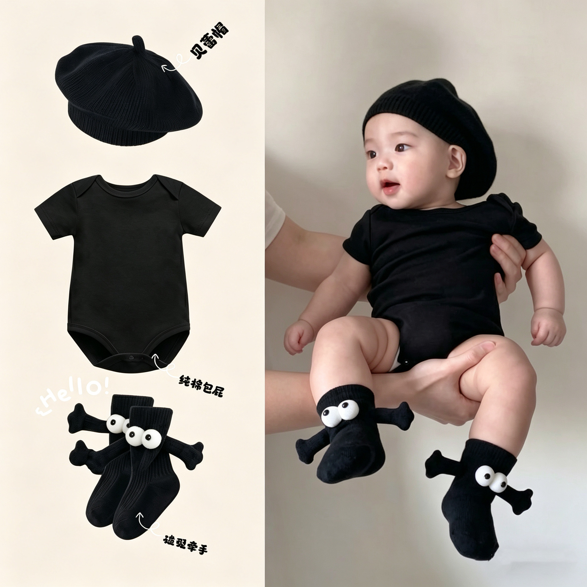 满小满新生儿拍照衣服宝宝三角包屁哈衣纯棉夏款婴儿连身衣爬服黑