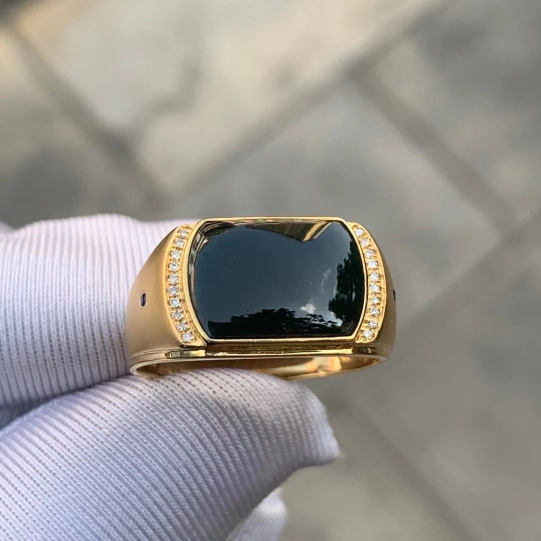 凝墨为翠家天然翡翠缅甸玉冰种墨翠马鞍18k金镶男士戒指