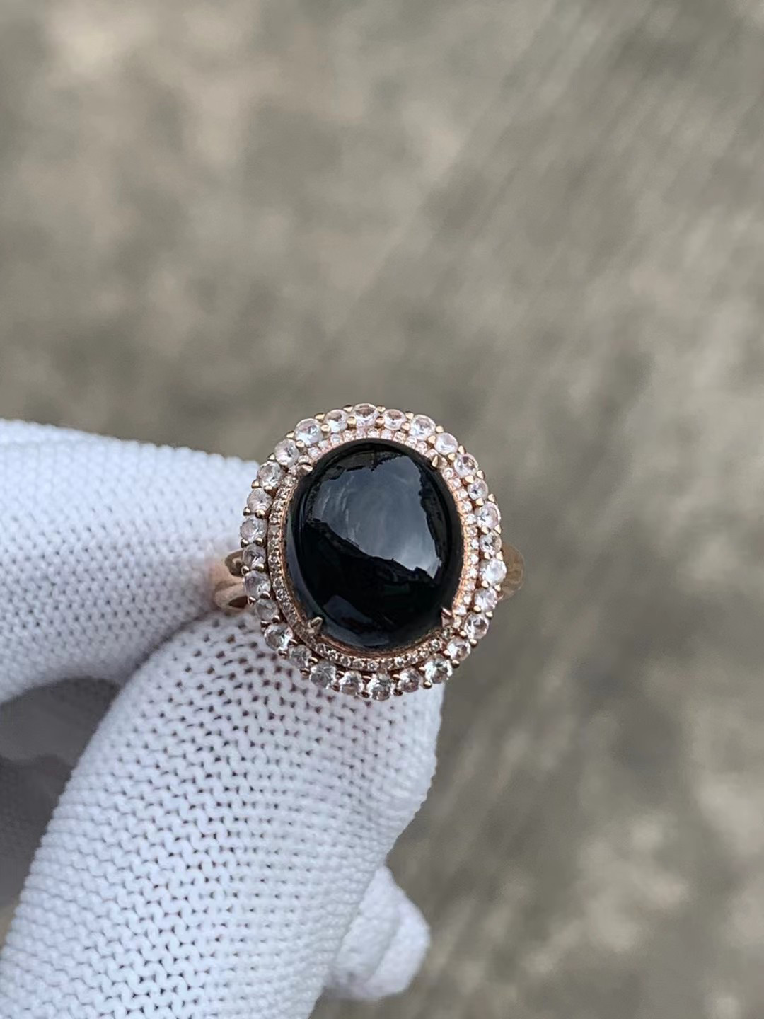 凝墨家天然缅甸翡翠18k玫瑰金镶嵌冰种墨翠蛋面女士戒指