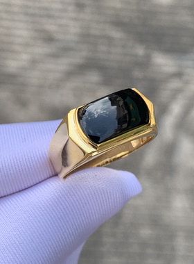 天然缅甸翡翠a货冰种墨翠马鞍方戒18k男士戒指时尚简约个性男戒