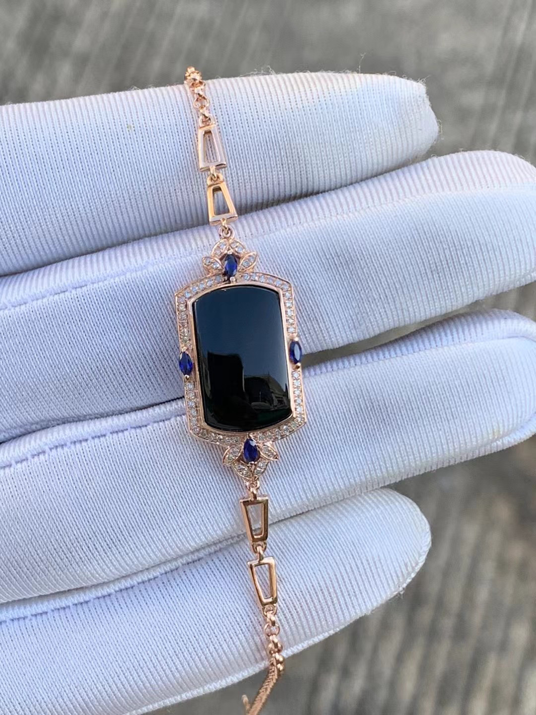 凝墨家天然缅甸翡翠18k玫瑰金镶嵌冰种墨翠马鞍女士手链