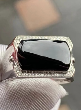 凝墨为翠家天然翡翠18k白金镶嵌墨翠男士戒指黑度极黑打灯翠绿