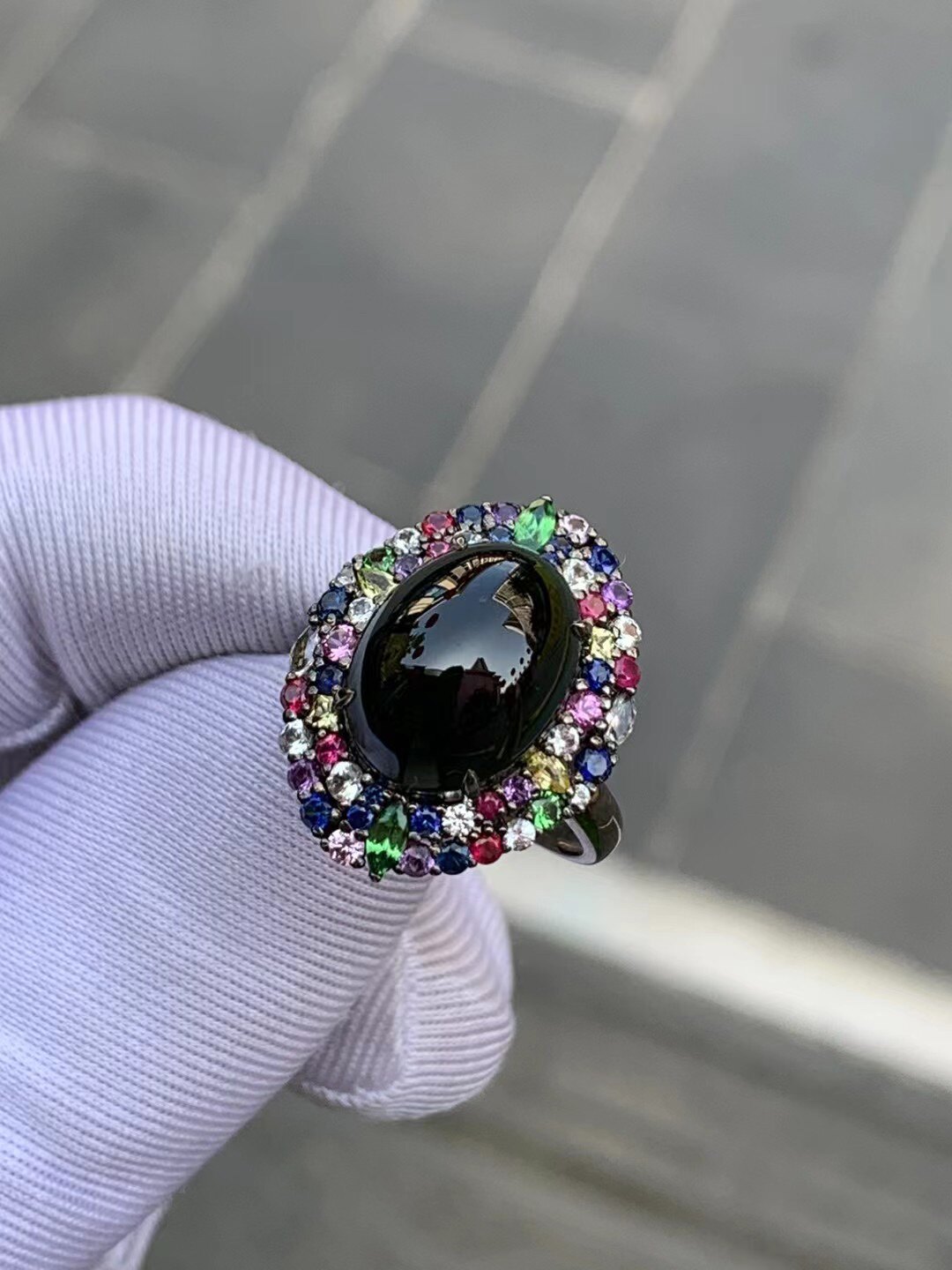 凝墨家天然缅甸翡翠18k乌金满彩宝镶嵌冰种墨翠蛋面女士戒指