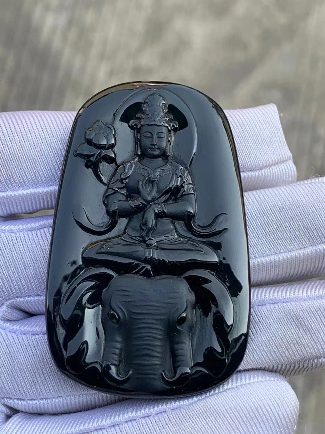 凝墨家天然缅甸翡翠纯手工雕刻墨翠普贤菩萨守护神