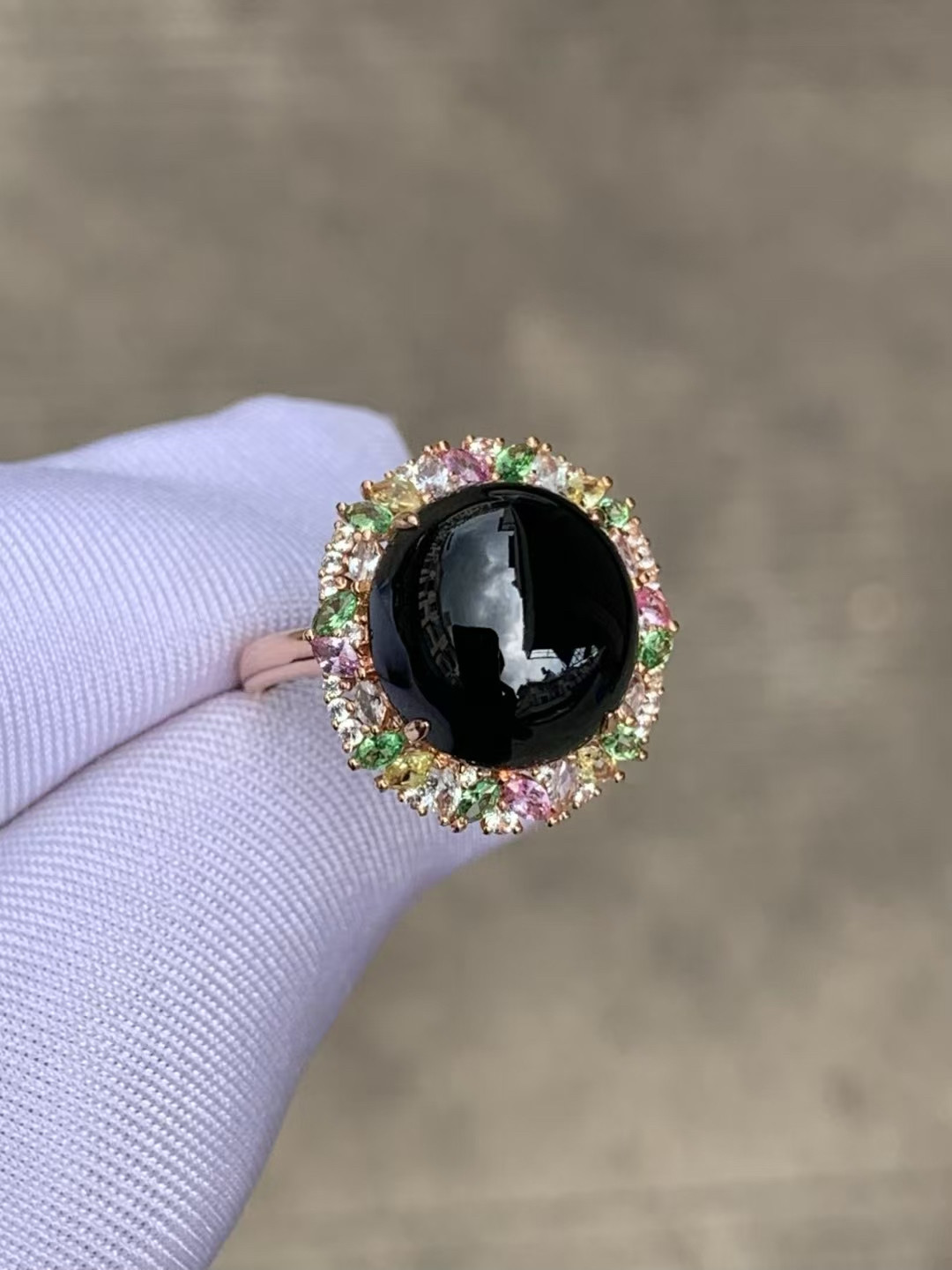 天然缅甸翡翠a货冰种墨翠蛋面女士戒指18k玫瑰金镶嵌