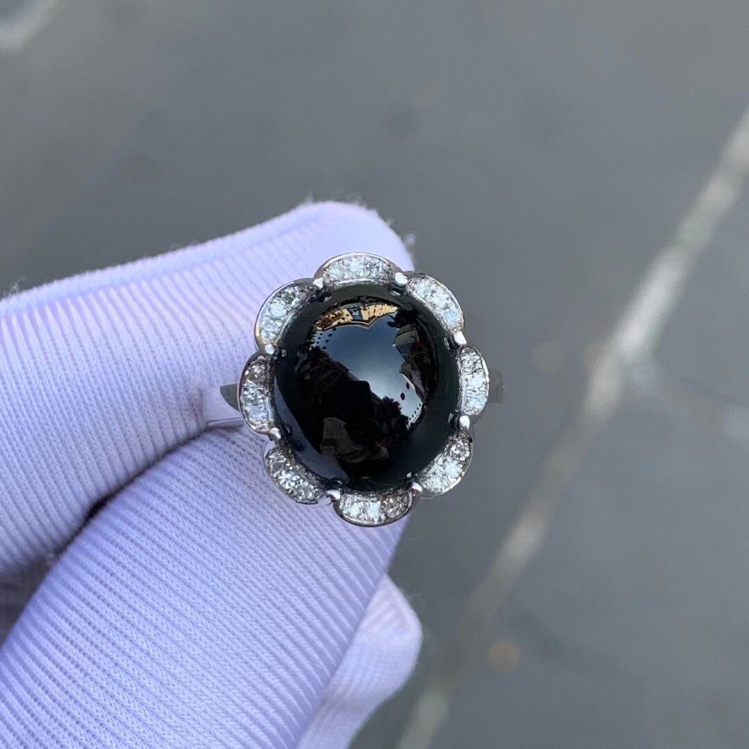 凝墨家天然缅甸翡翠18k白金加钻石镶冰种墨翠蛋面女士戒指