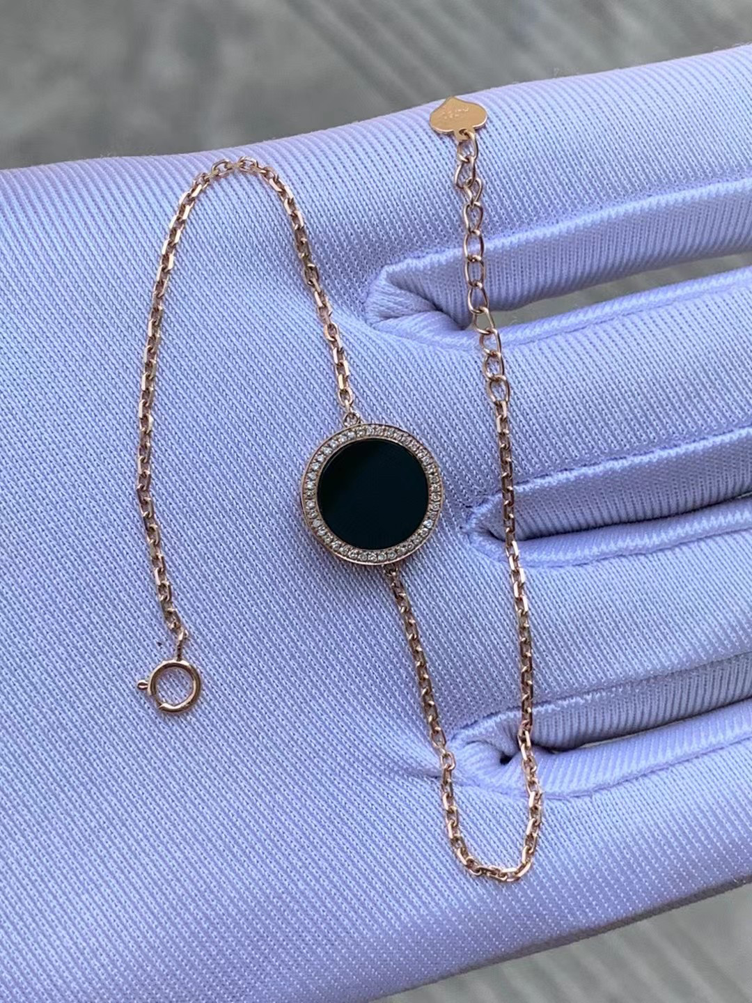 凝墨家天然缅甸翡翠18k玫瑰金镶嵌冰种墨翠女士圆牌手链精致女孩