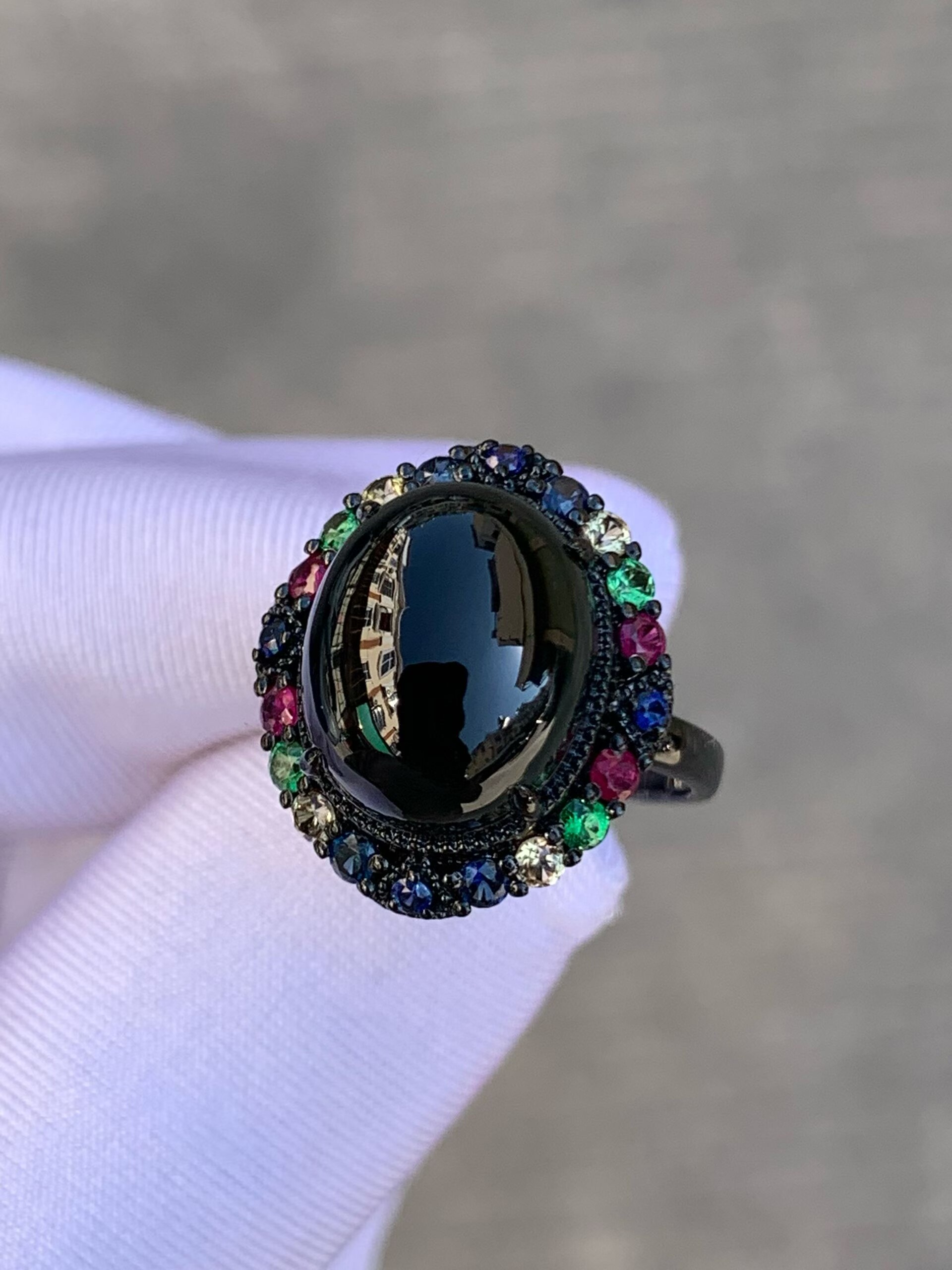 天然缅甸翡翠a货冰种墨翠蛋面戒指18k乌金满彩宝镶嵌女士戒指