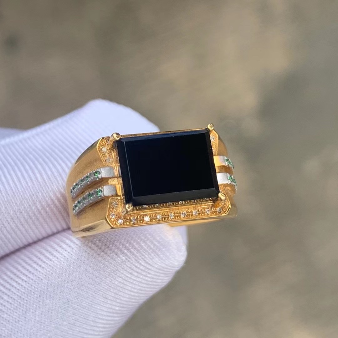 凝墨为翠家男士墨翠天然翡翠正品18k黄金镶嵌墨翠方戒戒指
