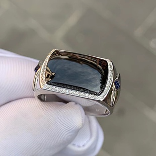 凝墨为翠家天然缅甸翡翠A货18k白金镶嵌男士冰种墨翠马鞍戒指男款