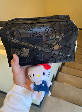 大容量可爱黑色网纱Kitty猫收纳袋化妆包女便携收纳包手拿补妆包