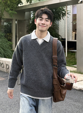 灰色假两件毛衣男生羊毛翻领秋冬季加厚内搭高级感慵懒针织衫新款