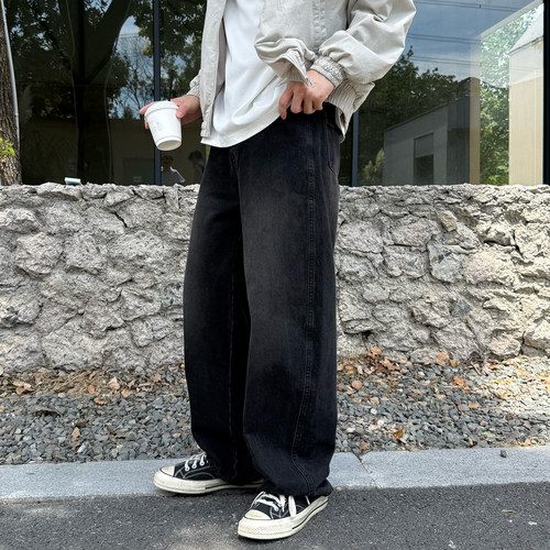 黑色复古水洗日系弯刀牛仔裤男生2025新款秋季休闲宽松阔腿长裤子
