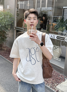 300g重磅白灰色字母印花圆领短袖T恤男夏季新款宽松百搭休闲上衣