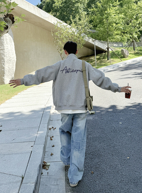 400g花灰色开衫立领刺绣卫衣男生2025新款秋季宽松休闲上衣外套