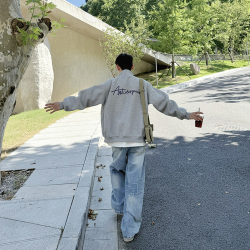 400g花灰色开衫立领刺绣卫衣男生2025新款秋季宽松休闲上衣外套