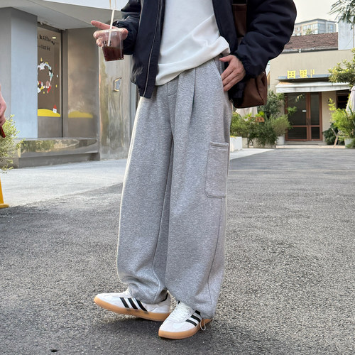 灰色加绒加厚卫裤保暖男生2025新款秋冬季宽松直筒运动工装长裤子