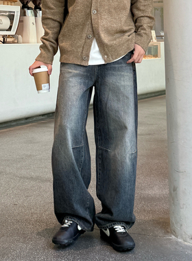 蓝色复古水洗直筒牛仔裤男生2025新款秋季做旧宽松百搭垂感长裤子