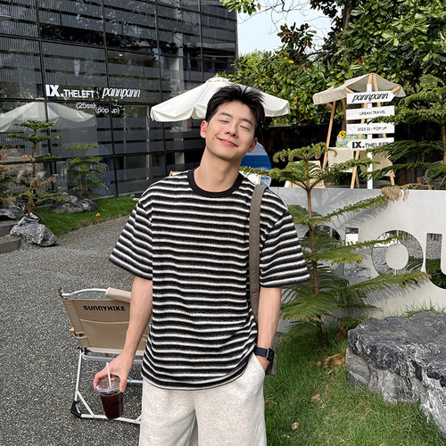 310g黑色圆领色织提花条纹短袖T恤男生2025新款夏季纯棉宽松休闲