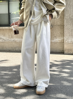 白色水洗日系直筒垂感牛仔裤男生2025新款休闲宽松阔腿休闲长裤子