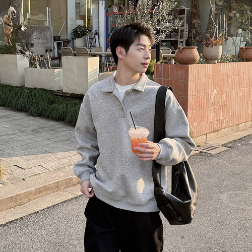 翻领灰色卫衣2025新款春秋季宽松百搭休闲POLO衫套头上衣简约长袖