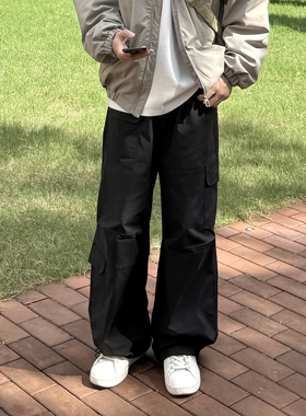 黑色直筒垂感多口袋工装裤男生2025新款秋冬季伞兵宽松百搭休闲裤
