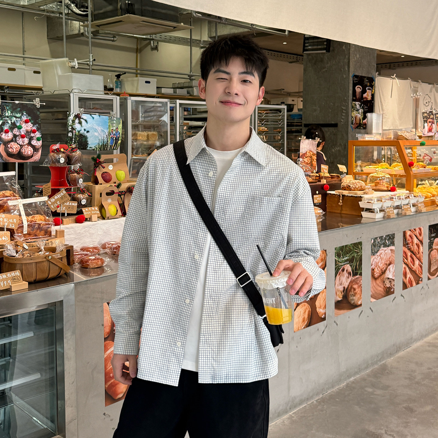 暗物质白色纯棉格纹衬衫长袖男生春季日系复古宽松休闲格子衬衣男