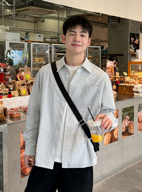 暗物质白色纯棉格纹衬衫长袖男生春季日系复古宽松休闲格子衬衣男