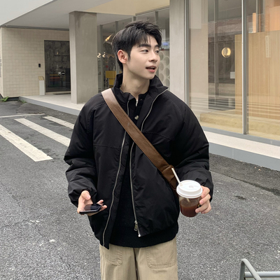 黑色立领纯色短款夹克棉服男款2025新款秋冬季宽松保暖棉衣外套