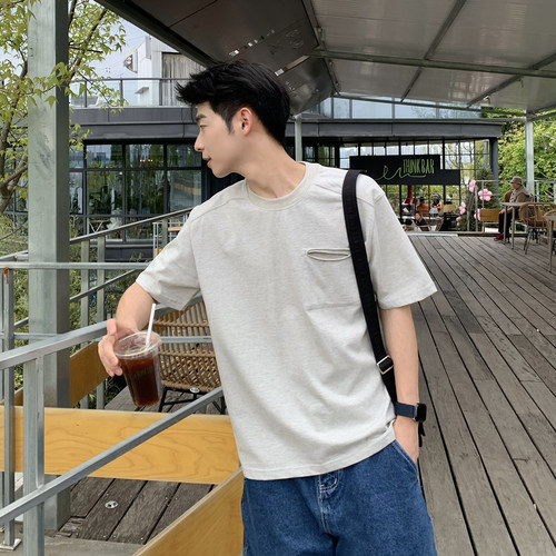 【切割口袋】260g休闲复古圆领短袖T恤男夏季慵懒风宽松套头半袖