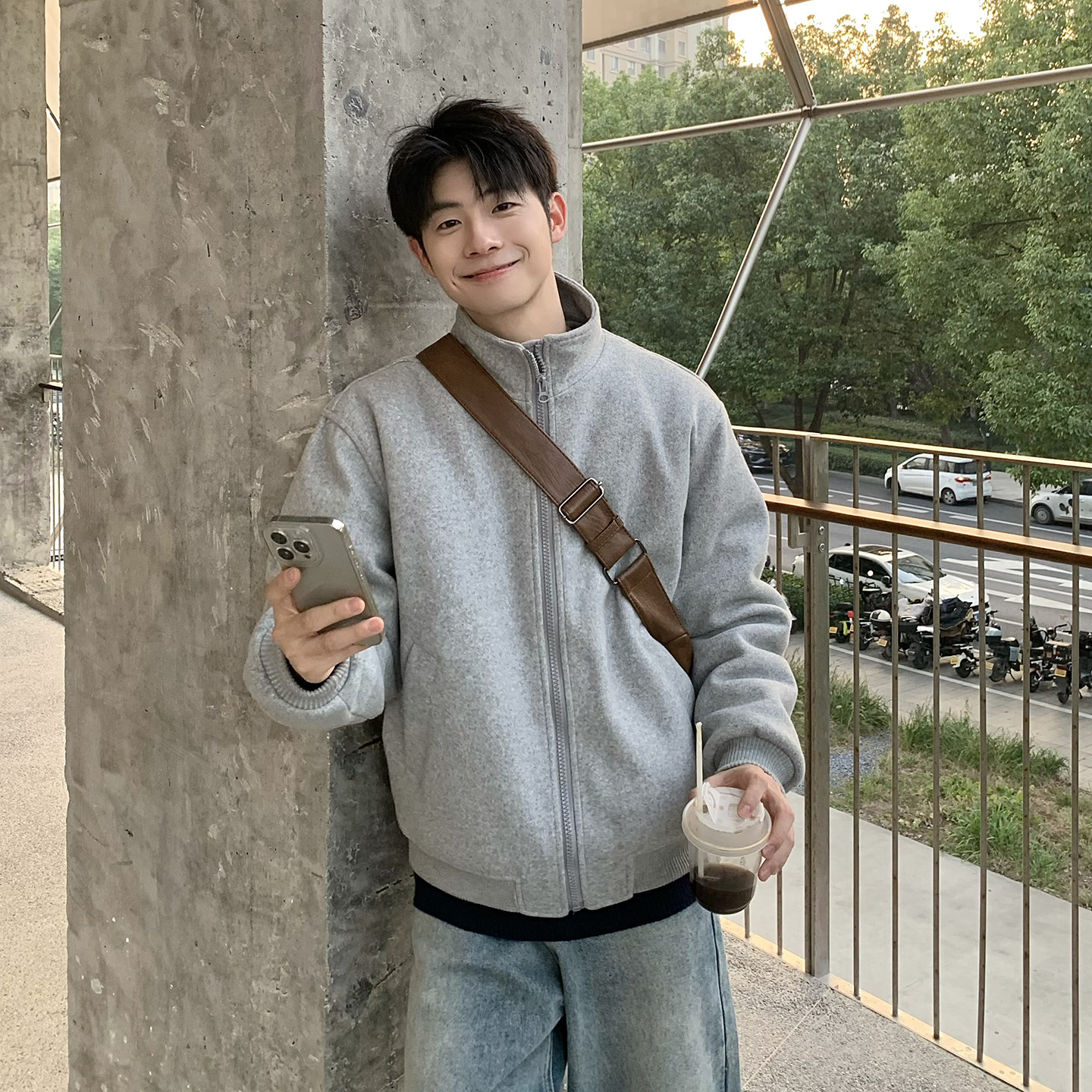 灰色立领夹克棉服男冬季2025新款毛呢薄棉夹克棉袄外套宽松保暖