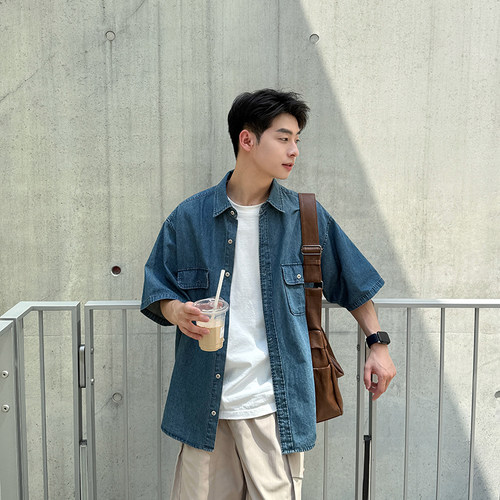 纯色双口袋牛仔衬衫短袖男2026新款夏季宽松蓝色百搭衬衣半袖上衣