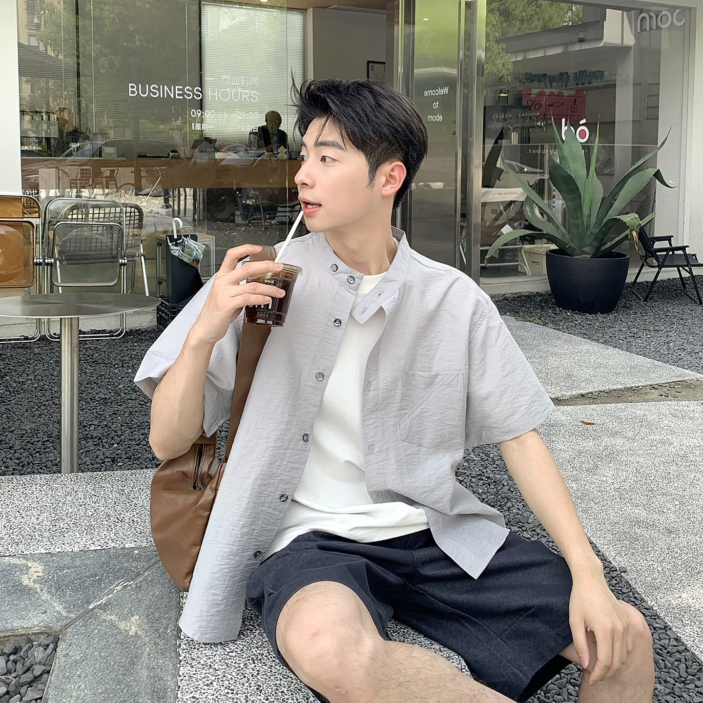 【肌理感天丝麻】立领宽松休闲短袖衬衫男生夏季新款少年感薄外套