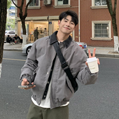 假两件复古牛仔翻领棉服男美式 夹克薄款 棉袄外套冬季 灰色短款 男款