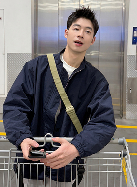 深蓝色立领拉链夹克外套男生新款春季日系宽松休闲开衫上衣男款