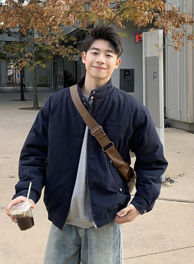 美式复古夹克冬装厚外套男2025新款立领加厚休闲短款棉服冬季男生