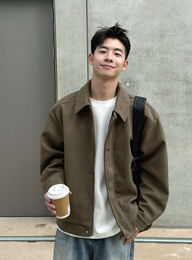2025新款秋冬季咖啡色翻领夹克男生宽松休闲潮流加厚棉服上衣外套