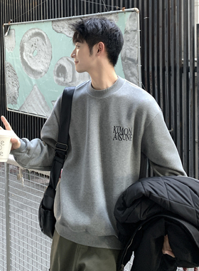 420g重磅深灰色刺绣圆领卫衣男生2025新款秋冬季纯棉宽松长袖上衣