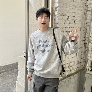 上衣 灰色圆领字母印花套头卫衣男宽松无帽休闲长袖 2026春季 新款